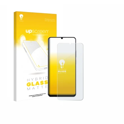 Parte frontale di una confezione del prodotto con il logo del marchio upscreen. Accanto è raffigurato il dispositivo realme No