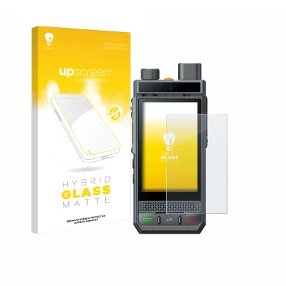 Parte frontale di una confezione del prodotto con il logo del marchio upscreen. Accanto è raffigurato il dispositivo Hytera P6