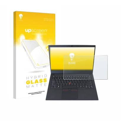 Parte frontale di una confezione del prodotto con il logo del marchio upscreen. Accanto è raffigurato il dispositivo Lenovo Th