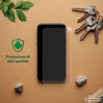 Dispositivo con pellicola protettiva, accanto chiavi, pietre, foglie e il testo "Protezione di alta qualità".