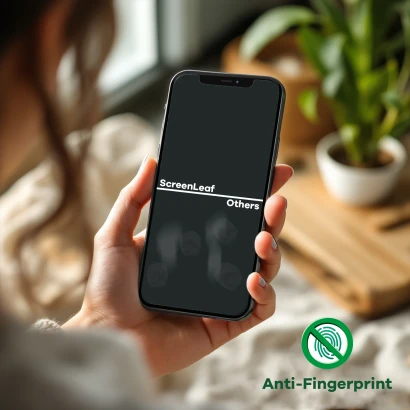 Smartphone con due pellicole protettive, ScreenLeaf sopra e un’altra sotto. Le impronte digitali sono chiaramente visibili sul