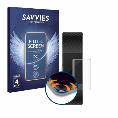 Parte frontale di una confezione del prodotto con il logo del marchio Savvies. Accanto è raffigurato il dispositivo Fitbit Cha