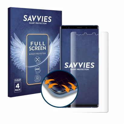 Parte frontale di una confezione del prodotto con il logo del marchio Savvies. Accanto è raffigurato il dispositivo Samsung Ga