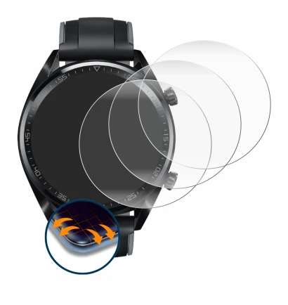 Immagine del dispositivo Huawei Watch GT (46 mm) 2018 con un'ampia varietà di protezioni per lo schermo.