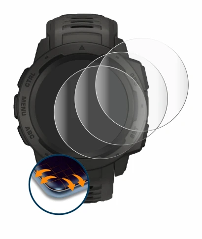 Immagine del dispositivo Garmin Instinct con un'ampia varietà di protezioni per lo schermo.