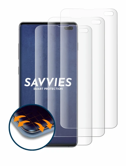 Immagine del dispositivo Samsung Galaxy S10 Plus con un'ampia varietà di protezioni per lo schermo.