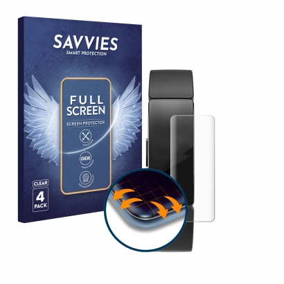 Parte frontale di una confezione del prodotto con il logo del marchio Savvies. Accanto è raffigurato il dispositivo Fitbit Ins
