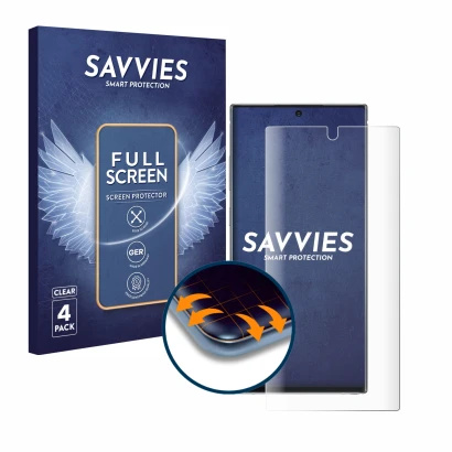 Parte frontale di una confezione del prodotto con il logo del marchio Savvies. Accanto è raffigurato il dispositivo Samsung Ga