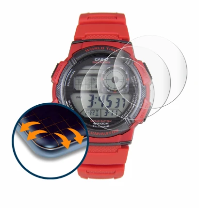 Immagine del dispositivo Casio AE-1000W con un'ampia varietà di protezioni per lo schermo.