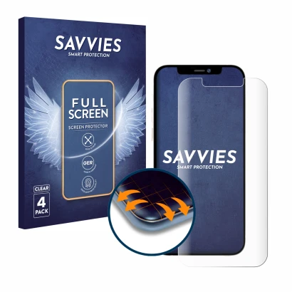 Parte frontale di una confezione del prodotto con il logo del marchio Savvies. Accanto è raffigurato il dispositivo Apple iPho