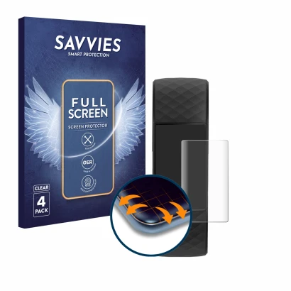 Parte frontale di una confezione del prodotto con il logo del marchio Savvies. Accanto è raffigurato il dispositivo Fitbit Cha