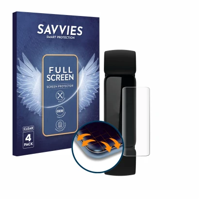 Parte frontale di una confezione del prodotto con il logo del marchio Savvies. Accanto è raffigurato il dispositivo Fitbit Ins