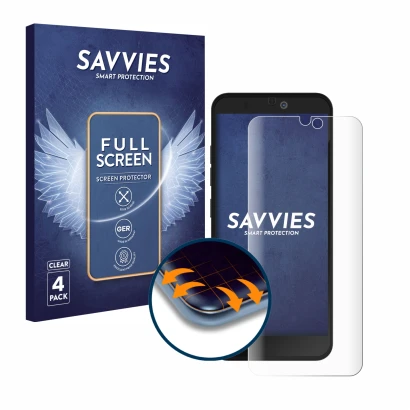 Parte frontale di una confezione del prodotto con il logo del marchio Savvies. Accanto è raffigurato il dispositivo Fairphone 