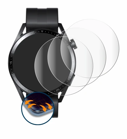 Immagine del dispositivo Huawei Watch GT 3 (46 mm) con un'ampia varietà di protezioni per lo schermo.