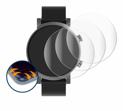 Immagine del dispositivo Mobvoi Ticwatch E3 con un'ampia varietà di protezioni per lo schermo.