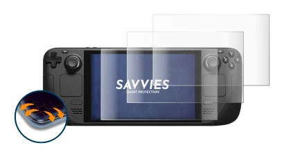 Immagine del dispositivo Valve Steam Deck con un'ampia varietà di protezioni per lo schermo.