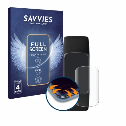 Parte frontale di una confezione del prodotto con il logo del marchio Savvies. Accanto è raffigurato il dispositivo Fitbit Cha