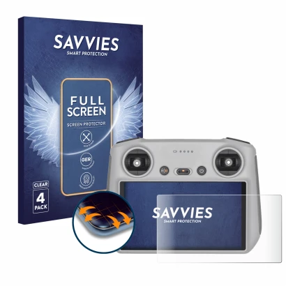 Parte frontale di una confezione del prodotto con il logo del marchio Savvies. Accanto è raffigurato il dispositivo DJI RC Con