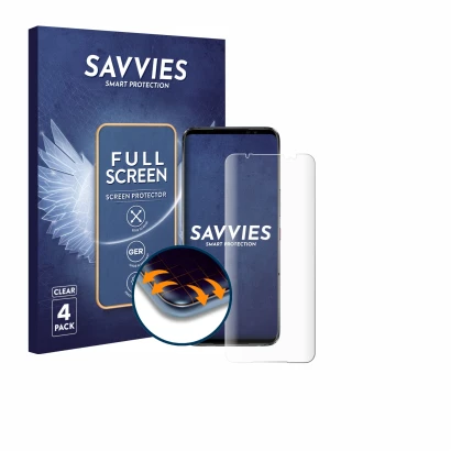 Parte frontale di una confezione del prodotto con il logo del marchio Savvies. Accanto è raffigurato il dispositivo ASUS ROG P