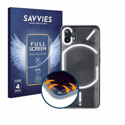 Parte frontale di una confezione del prodotto con il logo del marchio Savvies. Accanto è raffigurato il dispositivo Nothing Ph