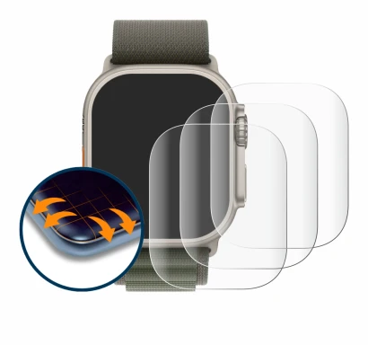 Immagine del dispositivo Apple Watch Ultra (49 mm) con un'ampia varietà di protezioni per lo schermo.