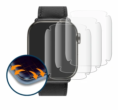 Immagine del dispositivo Apple Watch Hermès (41 mm) con un'ampia varietà di protezioni per lo schermo.