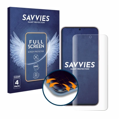 Parte frontale di una confezione del prodotto con il logo del marchio Savvies. Accanto è raffigurato il dispositivo Samsung Ga