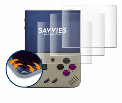 Immagine del dispositivo Miyoo Mini Plus con un'ampia varietà di protezioni per lo schermo.