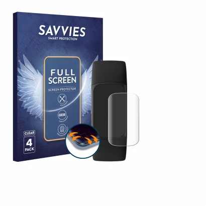 Parte frontale di una confezione del prodotto con il logo del marchio Savvies. Accanto è raffigurato il dispositivo Fitbit Cha