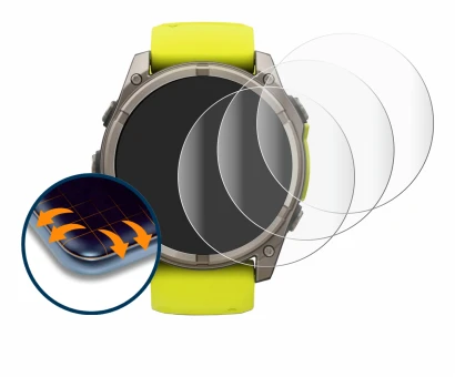 Immagine del dispositivo Garmin Fenix 8 Solar (51 mm) con un'ampia varietà di protezioni per lo schermo.