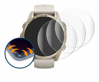 Immagine del dispositivo Garmin Fenix 8 (43 mm) con un'ampia varietà di protezioni per lo schermo.