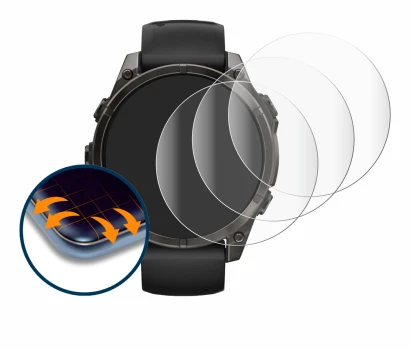 Immagine del dispositivo Garmin Fenix 8 AMOLED (47 mm) con un'ampia varietà di protezioni per lo schermo.
