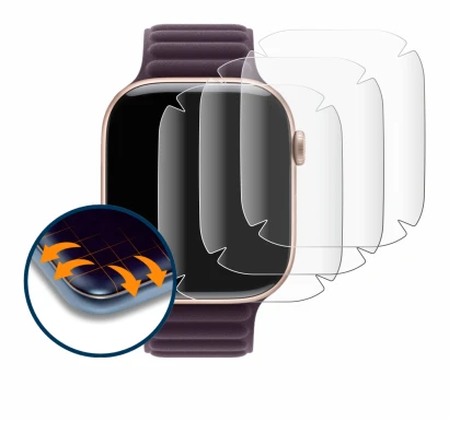 Immagine del dispositivo Apple Watch Series 10 (42 mm) con un'ampia varietà di protezioni per lo schermo.