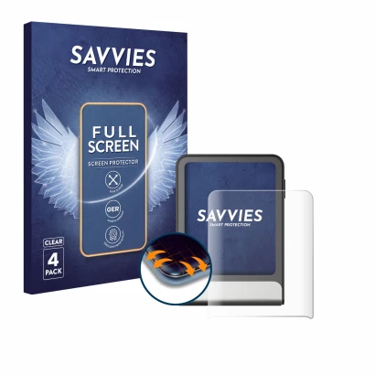 Parte frontale di una confezione del prodotto con il logo del marchio Savvies. Accanto è raffigurato il dispositivo Ledger Fle