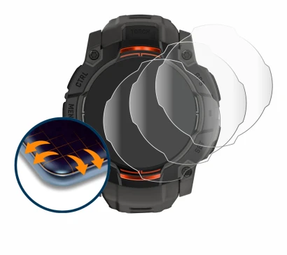 Immagine del dispositivo Garmin Instinct 3 Solar (50 mm) con un'ampia varietà di protezioni per lo schermo.