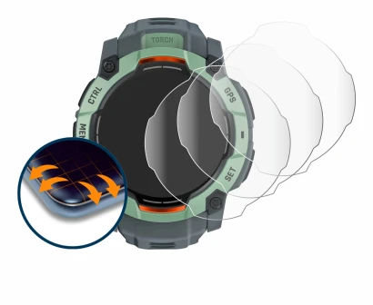 Immagine del dispositivo Garmin Instinct 3 AMOLED (45 mm) con un'ampia varietà di protezioni per lo schermo.