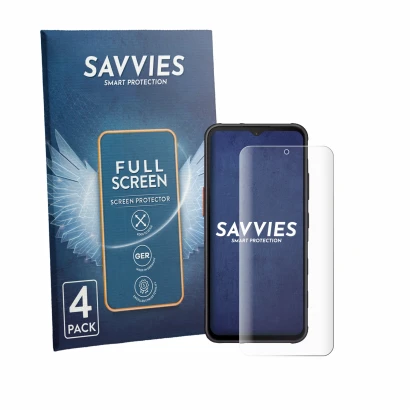 Parte frontale di una confezione del prodotto con il logo del marchio Savvies. Accanto è raffigurato il dispositivo Samsung Ga