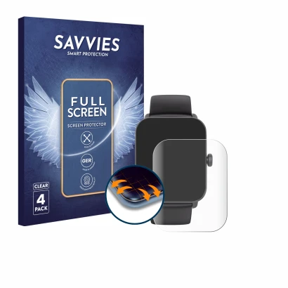Parte frontale di una confezione del prodotto con il logo del marchio Savvies. Accanto è raffigurato il dispositivo Hama Smart