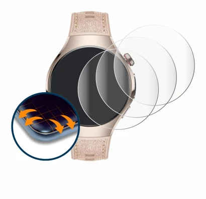 Immagine del dispositivo Huawei Watch 5 (42 mm) con un'ampia varietà di protezioni per lo schermo.