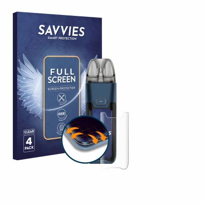 Parte frontale di una confezione del prodotto con il logo del marchio Savvies. Accanto è raffigurato il dispositivo Vaporesso 