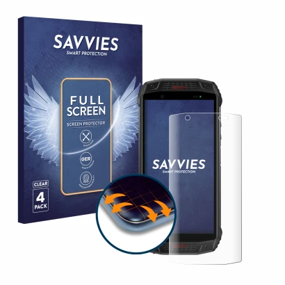 Parte frontale di una confezione del prodotto con il logo del marchio Savvies. Accanto è raffigurato il dispositivo Ulefone Ar