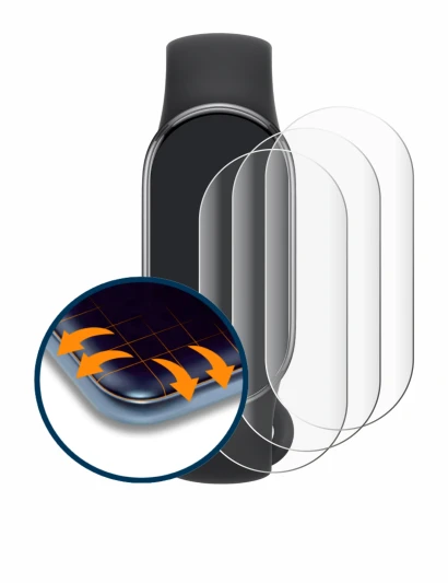 Immagine del dispositivo Xiaomi Smart Band 10 con un'ampia varietà di protezioni per lo schermo.