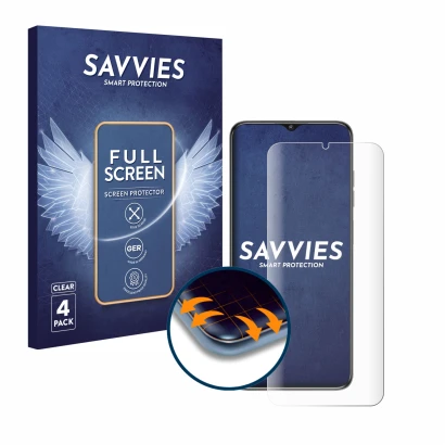 Parte frontale di una confezione del prodotto con il logo del marchio Savvies. Accanto è raffigurato il dispositivo Oukitel C1