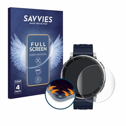 Parte frontale di una confezione del prodotto con il logo del marchio Savvies. Accanto è raffigurato il dispositivo Amazfit Ac