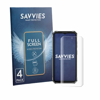 Parte frontale di una confezione del prodotto con il logo del marchio Savvies. Accanto è raffigurato il dispositivo Oukitel G7