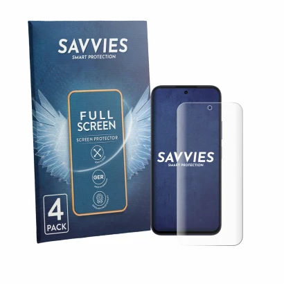 Parte frontale di una confezione del prodotto con il logo del marchio Savvies. Accanto è raffigurato il dispositivo Oppo A6k c