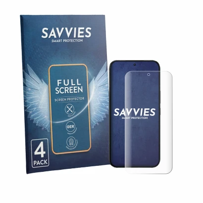 Parte frontale di una confezione del prodotto con il logo del marchio Savvies. Accanto è raffigurato il dispositivo Infinix No
