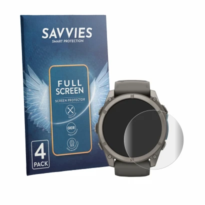 Parte frontale di una confezione del prodotto con il logo del marchio Savvies. Accanto è raffigurato il dispositivo Garmin Fen