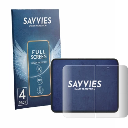 Parte frontale di una confezione del prodotto con il logo del marchio Savvies. Accanto è raffigurato il dispositivo Apple iPho