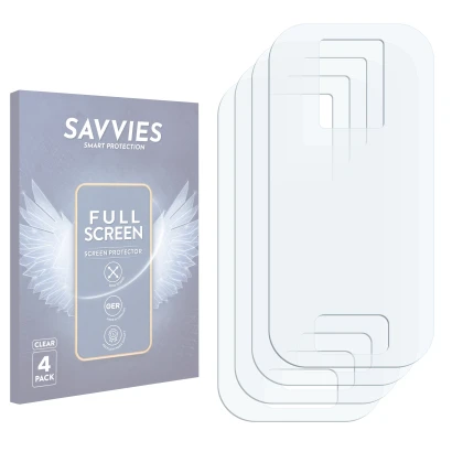 Parte frontale di una confezione del prodotto con il logo del marchio Savvies. Accanto si trova la protezione per lo schermo c